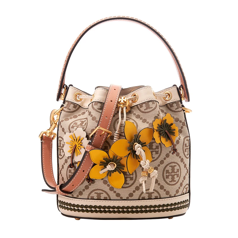 商品[国内直发] Tory Burch|TORY BURCH 汤丽柏琦 T Monogram 经典编织花卉老花满印 皮革 水桶包单肩包手提包 女款 榛子棕,价格¥3696,第1张图片