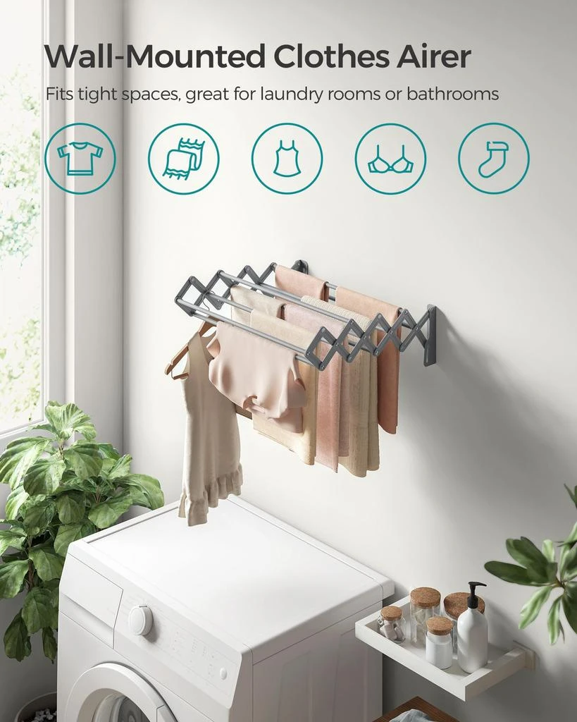 商品BreeBe|Wall-Mounted Expandable Steel Clothes Drying Rack with 9 Rods Dove Gray,价格¥489,第2张图片详细描述
