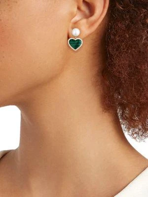 商品Effy|14K Yellow Gold, 7MM Round Freshwater Pearl, Malachite & Diamond Heart Drop Earrings,价格¥6295,第2张图片详细描述