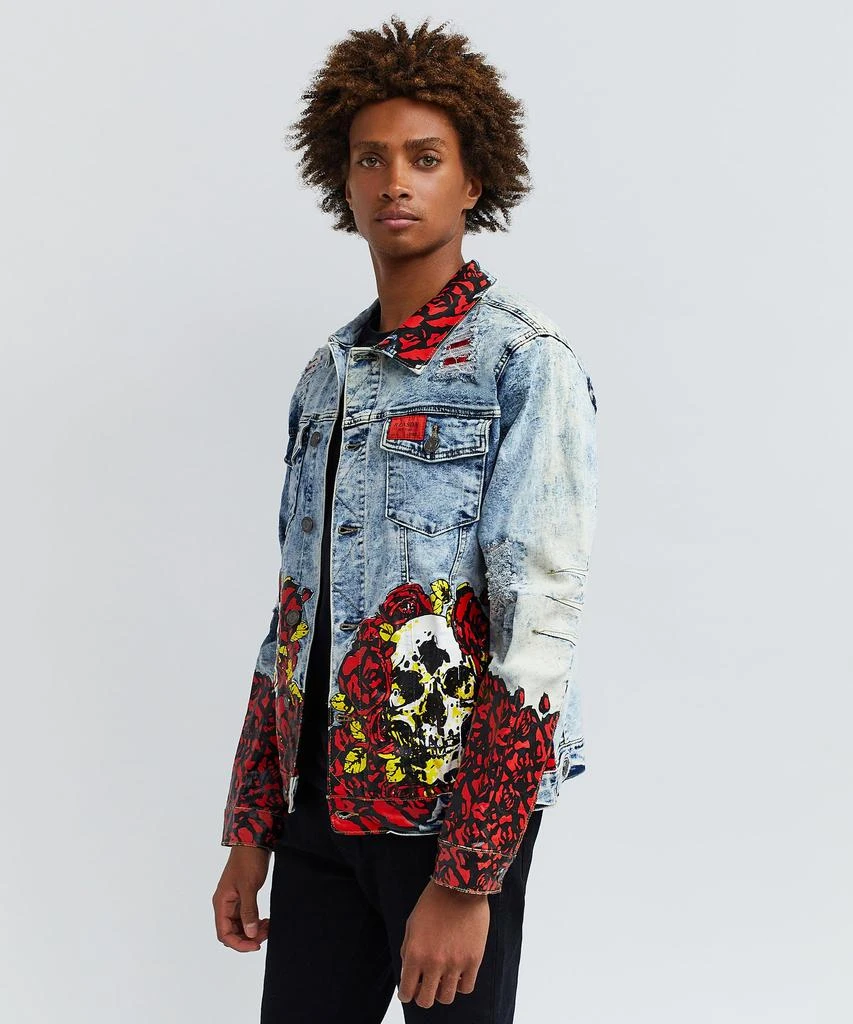 商品Reason Clothing|Skull Rose Acid Wash Denim Jacket With Print,价格¥112,第4张图片详细描述