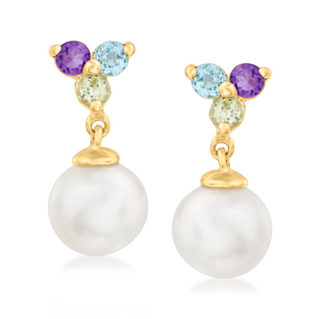 RS Pure by Ross-Simons 5.5-6mm Cultured Pearl and . Multi-Gemstone Drop Earrings in 14kt Yellow Gold商品第1张图片规格展示