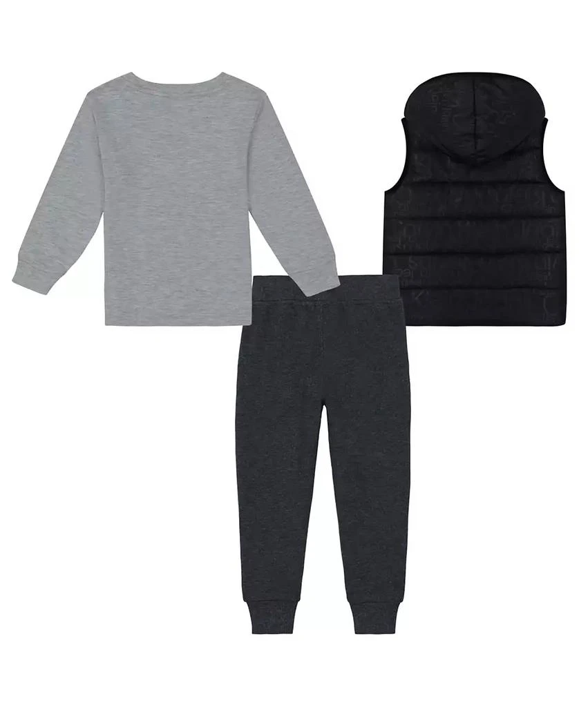 商品Calvin Klein|Toddler and Little Boys Long Sleeve Heather Logo Tee, Fleece Joggers Hooded Puffer Vest 3-Piece Set,价格¥421,第2张图片详细描述