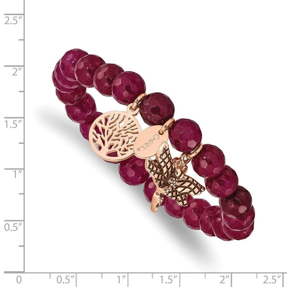 商品Chisel|Stainless Steel Antiqued & Polished Rose IP Dragonfly Pink Dyed Jade Bracel,价格¥228,第3张图片详细描述