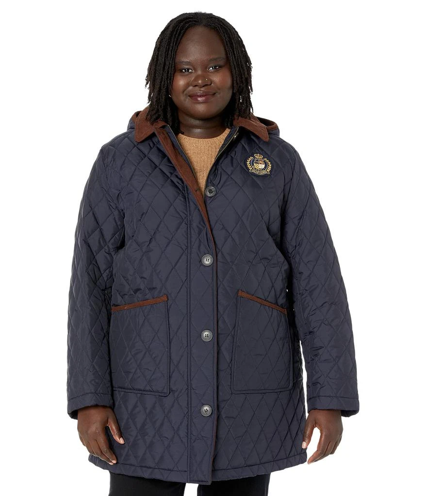 商品Ralph Lauren|Plus Size 3/4 Hooded Single Breasted Quilt Coat with Chest Patch,价格¥753,第1张图片