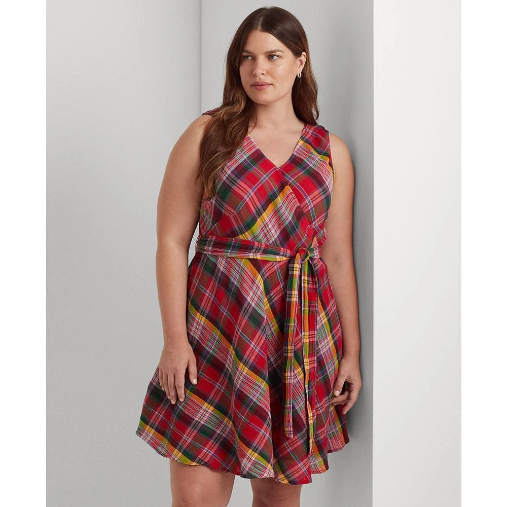 商品Ralph Lauren|Plus-Size Plaid Crinkle Cotton Sleeveless Dress,价格¥696,第4张图片详细描述