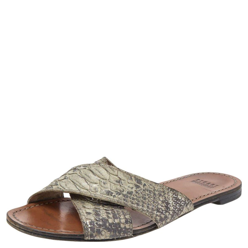 商品[二手商品] Stuart Weitzman|Stuart Weitzman Grey Snakeskin Embossed Leather Slide Sandals Size 36,价格¥789,第1张图片