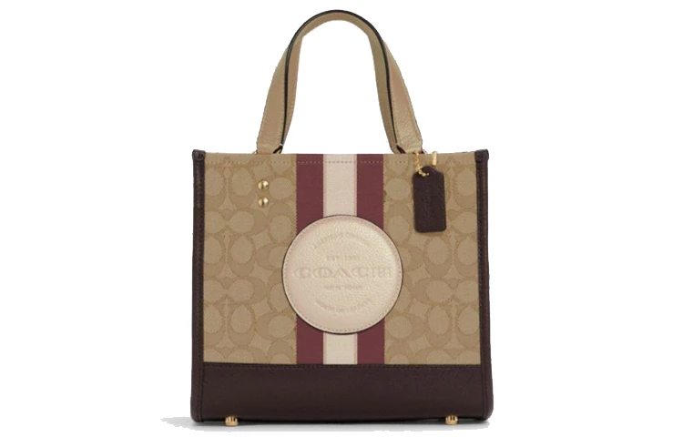 商品[国内直发] Coach|蔻驰 Dempsey 22 经典老花Logo贴标 织物拼皮革 托特包Tote包购物袋单肩斜挎手提包 小号 女款 浅卡其色,价格¥2087,第1张图片