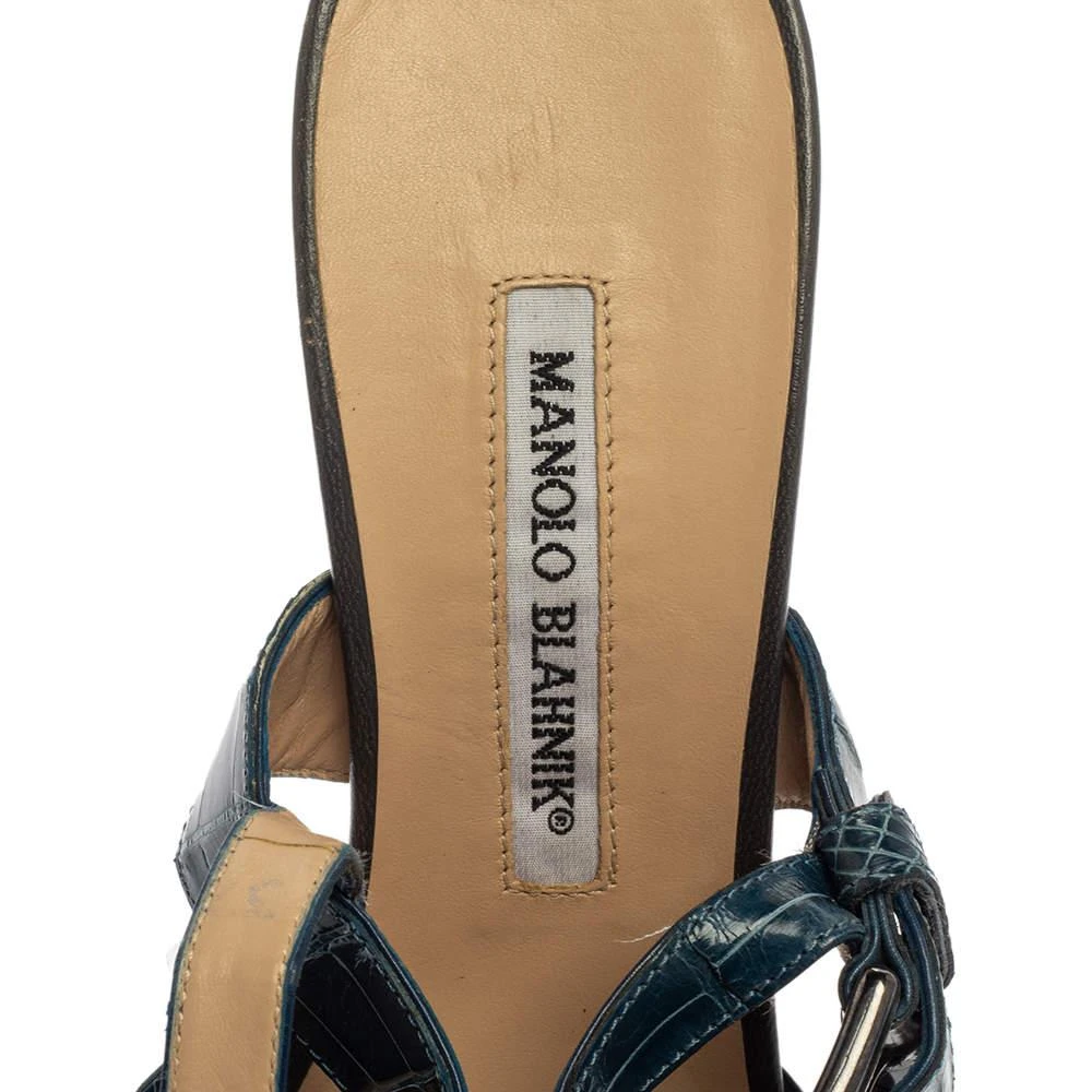 Manolo Blahnik Grey/Blue Croc Embossed And Leather Slingback Sandals Size 37 商品