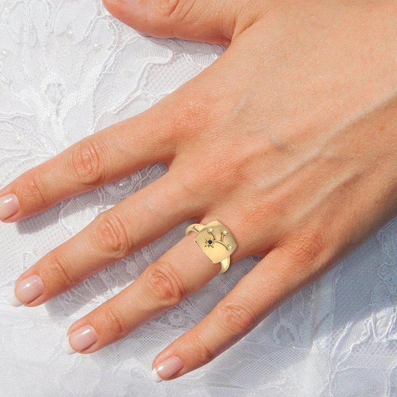 商品LuvMyJewelry|Virgo Maiden Blue Sapphire & Diamond Constellation Signet Ring in 14K Yellow Gold Vermeil on Sterling Silver,价格¥1427,第2张图片详细描述