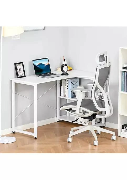 商品HOMCOM|L Shaped Computer Desk Home Office Corner Desk Study Workstation Table With With Wide Desktop 2 Side Shelves Steel Frame White,价格¥953,第2张图片详细描述