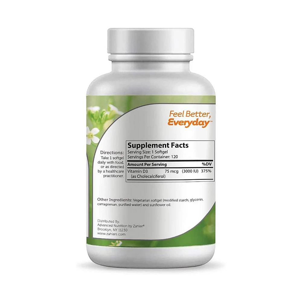 商品Zahler|Vitamin D3 3000 IU - 120 Softgels,价格¥98,第2张图片详细描述