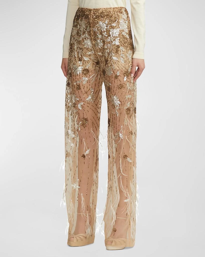 High-Rise Feather Embellished Sheer Straight-Leg Pants 商品