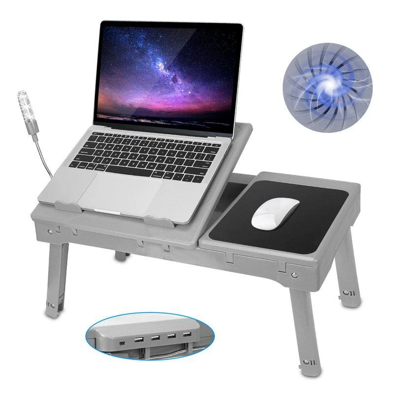 商品Fresh Fab Finds|Foldable Laptop Table Bed Desk With Cooling Fan Mouse Board LED 4 USB Ports Snacking Tray with Storage for Home Office Gray,价格¥559,第1张图片