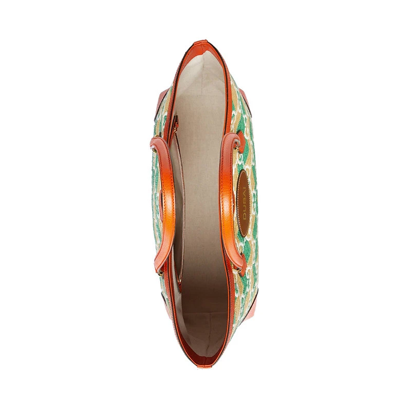 商品Gucci|【包税】GUCCI/古驰 22新款 女士绿色/奶油色草编面料配橙色皮革GG老花DUBAI字样刺绣手提包托特包631685UYFIG8826,价格¥13046,第5张图片详细描述