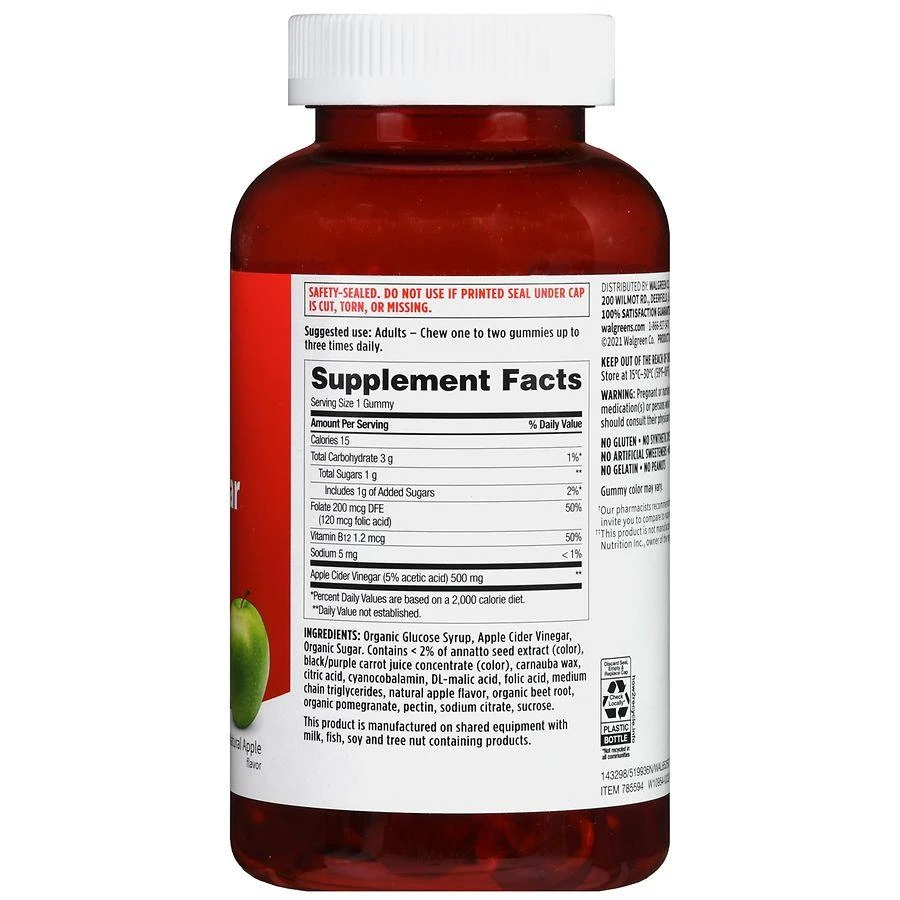 商品Walgreens|Apple Cider Vinegar 500 mg Gummies (90 days) Natural Apple,价格¥141,第3张图片详细描述