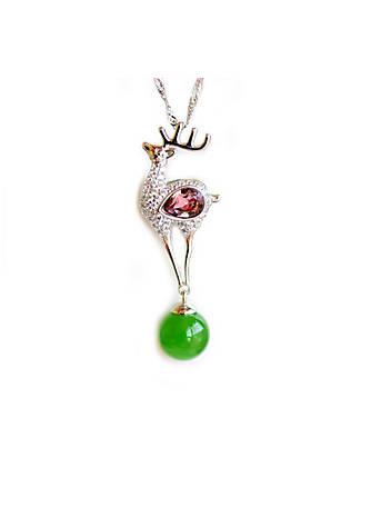 Natural Jade Bead and Cyrstal Deer Pendant with 18K Gold Plated Sterling Silver 925 Necklace商品第1张图片规格展示