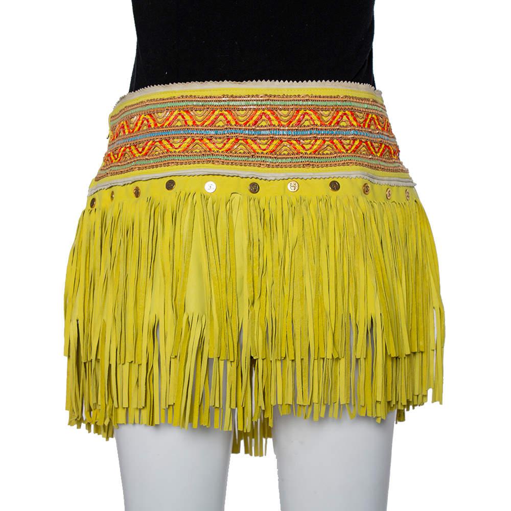 Just Cavalli Neon Yellow Leather Fringed Tribal Mini Skirt M商品第3张图片规格展示