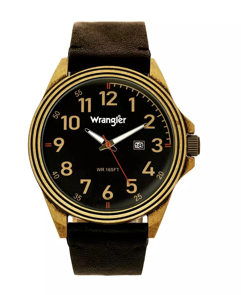 商品Wrangler|Men's Watch, 48MM Antique Brass Case, Black Dial with Bronze Arabic Numerals, Brown Strap, Analog Watch, Red Second Hand, Date Function,价格¥487,第1张图片