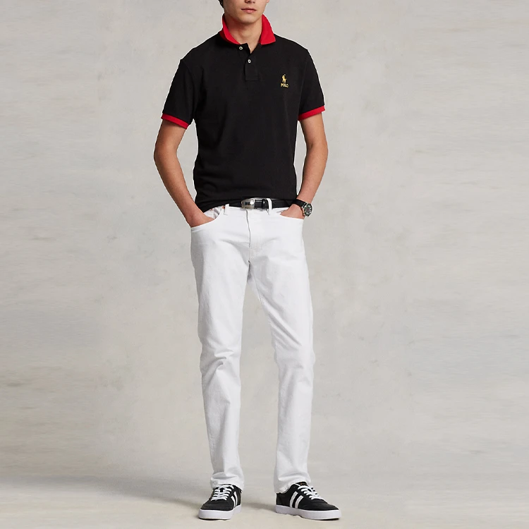 商品[国内直发] Ralph Lauren|SS23 条纹边饰Logo刺绣休闲短袖Polo衫 男款 黑色,价格¥781,第3张图片详细描述