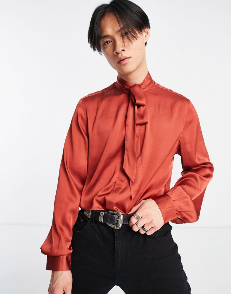 ASOS DESIGN satin shirt with tie neck and blouson volume sleeve in brick red商品第1张图片规格展示