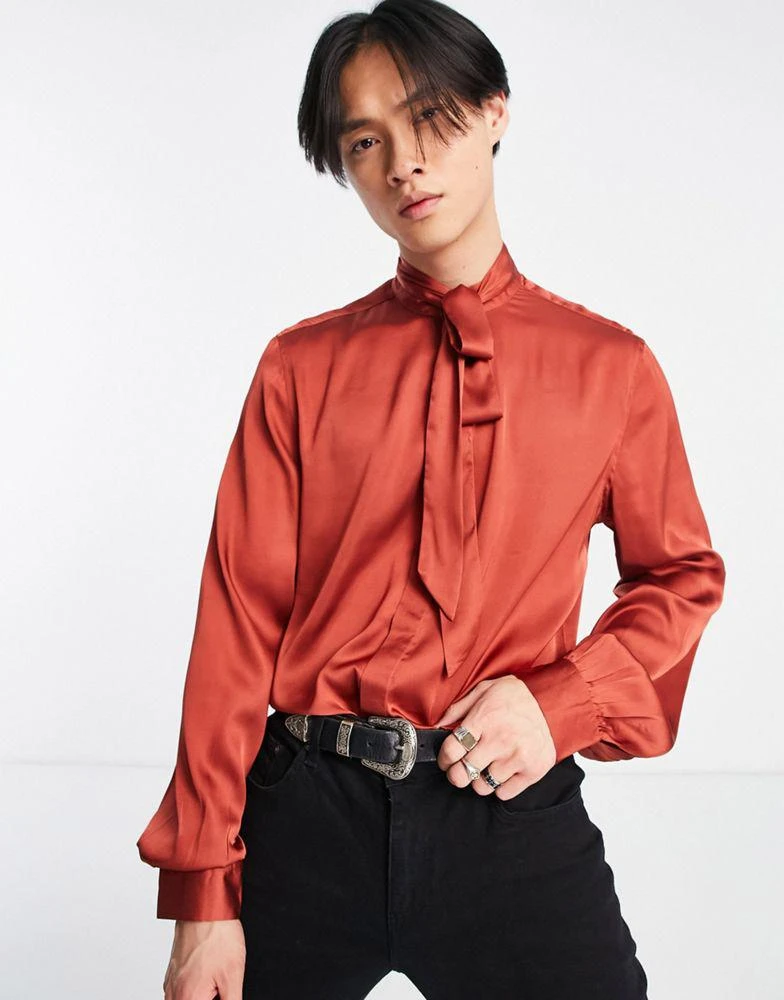 商品ASOS|ASOS DESIGN satin shirt with tie neck and blouson volume sleeve in brick red,价格¥201,第1张图片