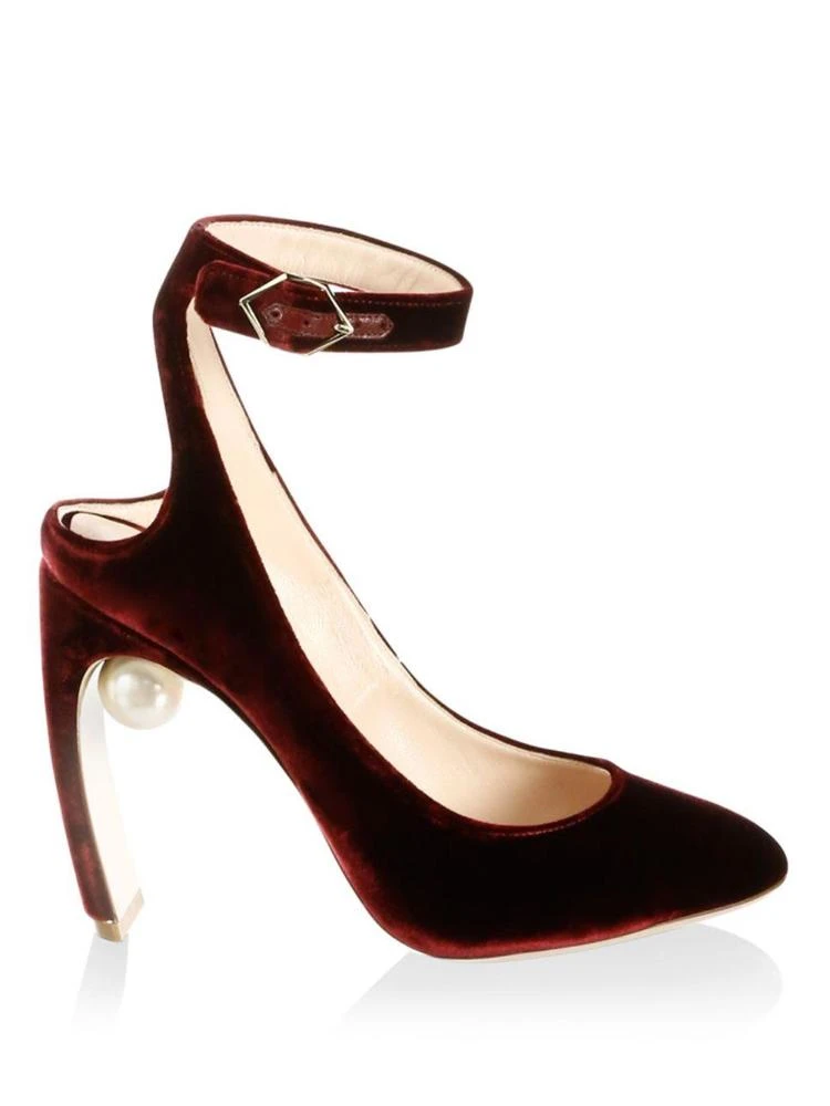 商品Nicholas Kirkwood|Lola Pearl-Heel Velvet Ankle-Strap Pumps,价格¥2533,第5张图片详细描述