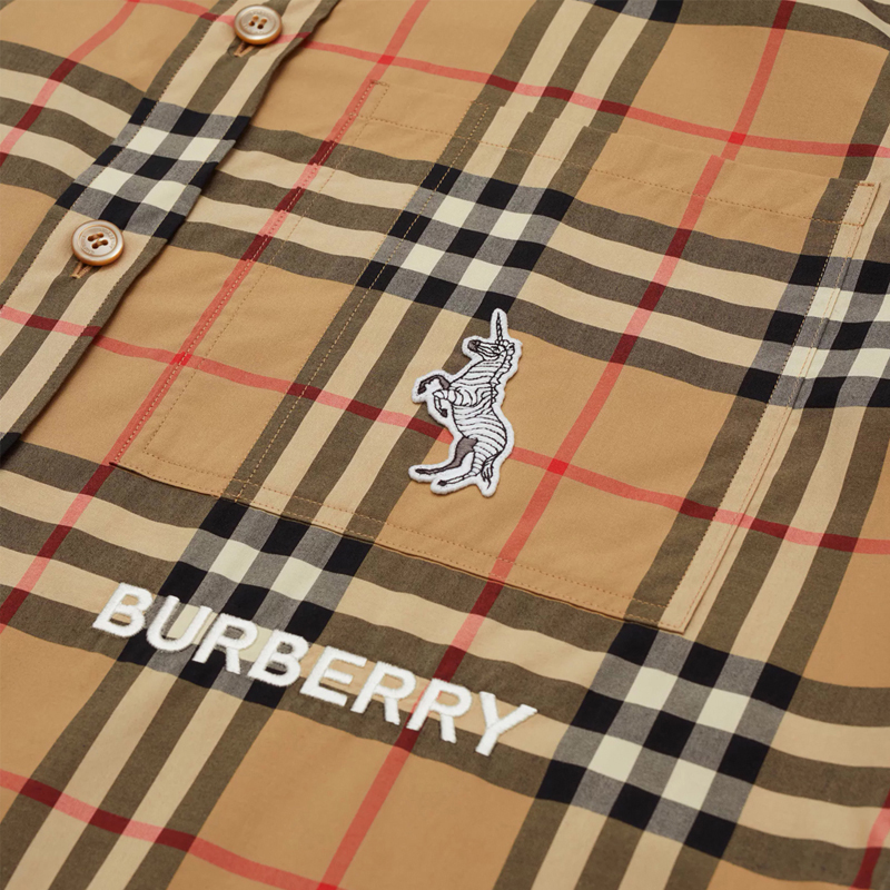 BURBERRY 男士驼色棉质斑马装饰格纹衬衫短袖 8032249商品第2张图片规格展示