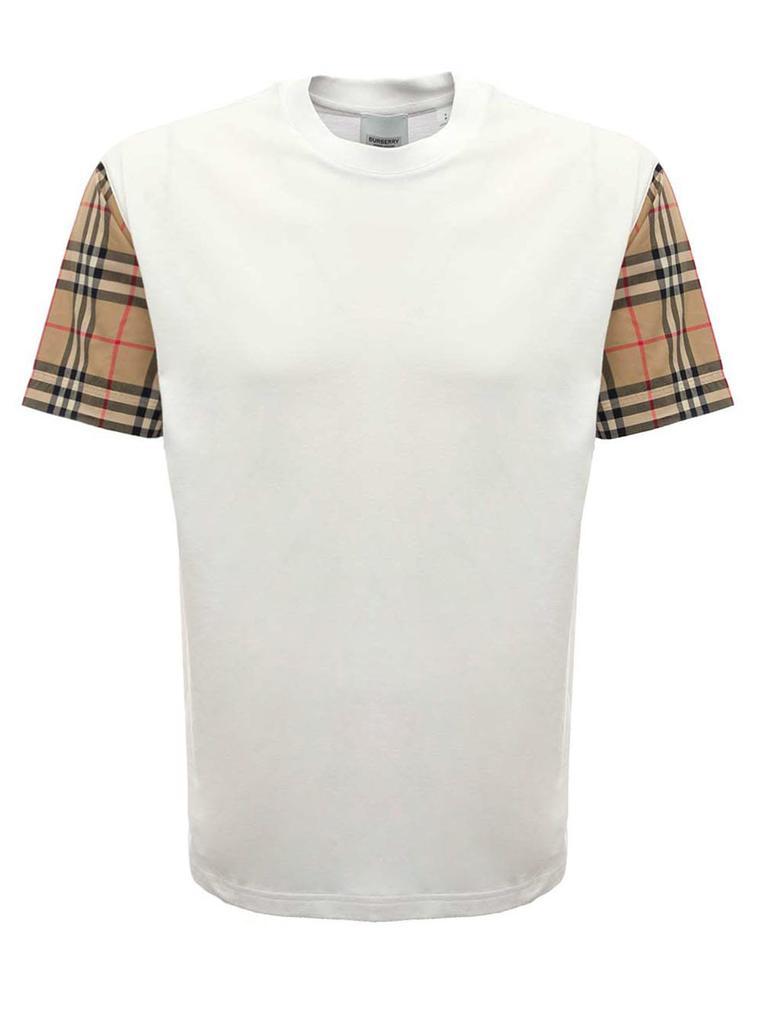 商品Burberry|Burberry White Cotton T-shirt With Vintage Check Sleeves,价格¥2669,第1张图片