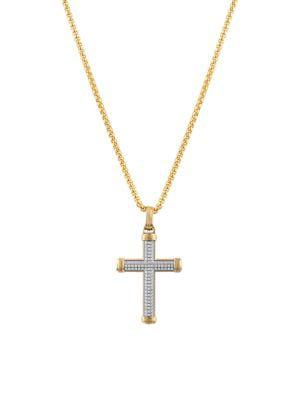 Goldtone Ion-Plated Stainless Steel & White Diamond Textured Cross Pendant Necklace商品第1张图片规格展示
