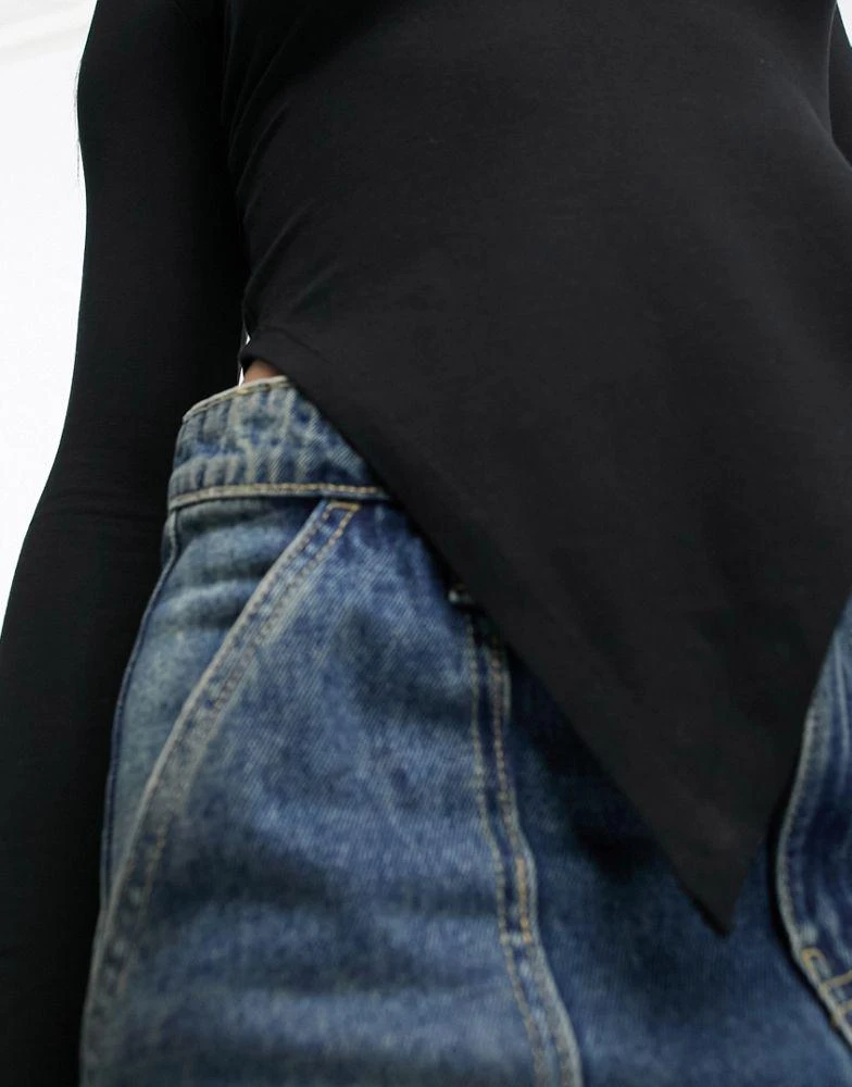 商品ASOS|ASOS DESIGN square neck long sleeve top with scarf hem in black,价格¥176,第3张图片详细描述