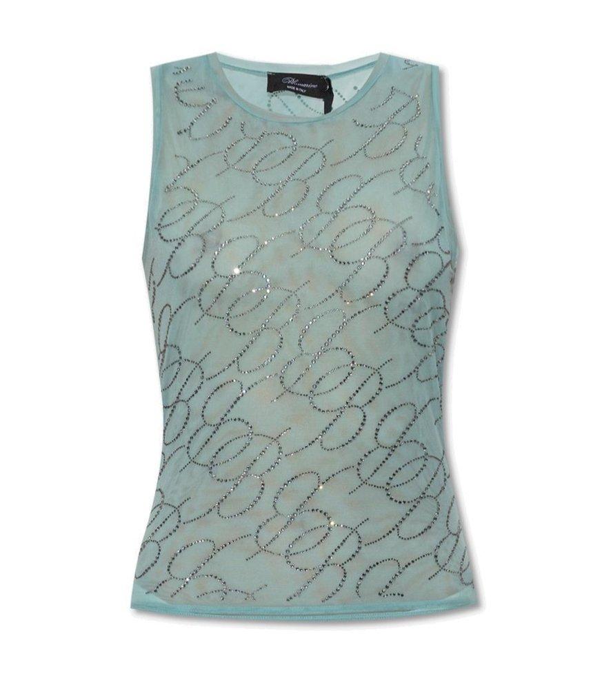 Blumarine Monogram Rhinestone Embroidered Sheer Sleeveless Top商品第1张图片规格展示