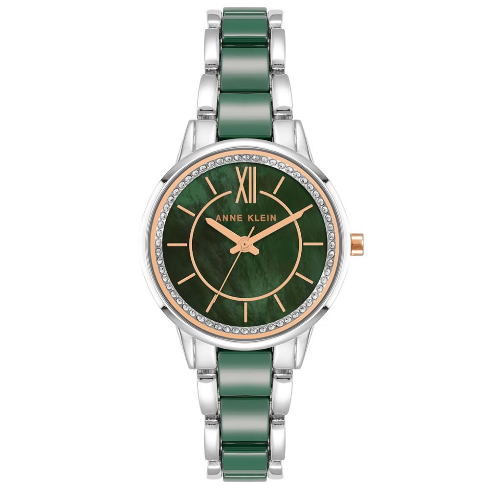 Women's Three-Hand Quartz Silver-Tone Alloy with Green Ceramic Bracelet Watch, 32mm商品第1张图片规格展示