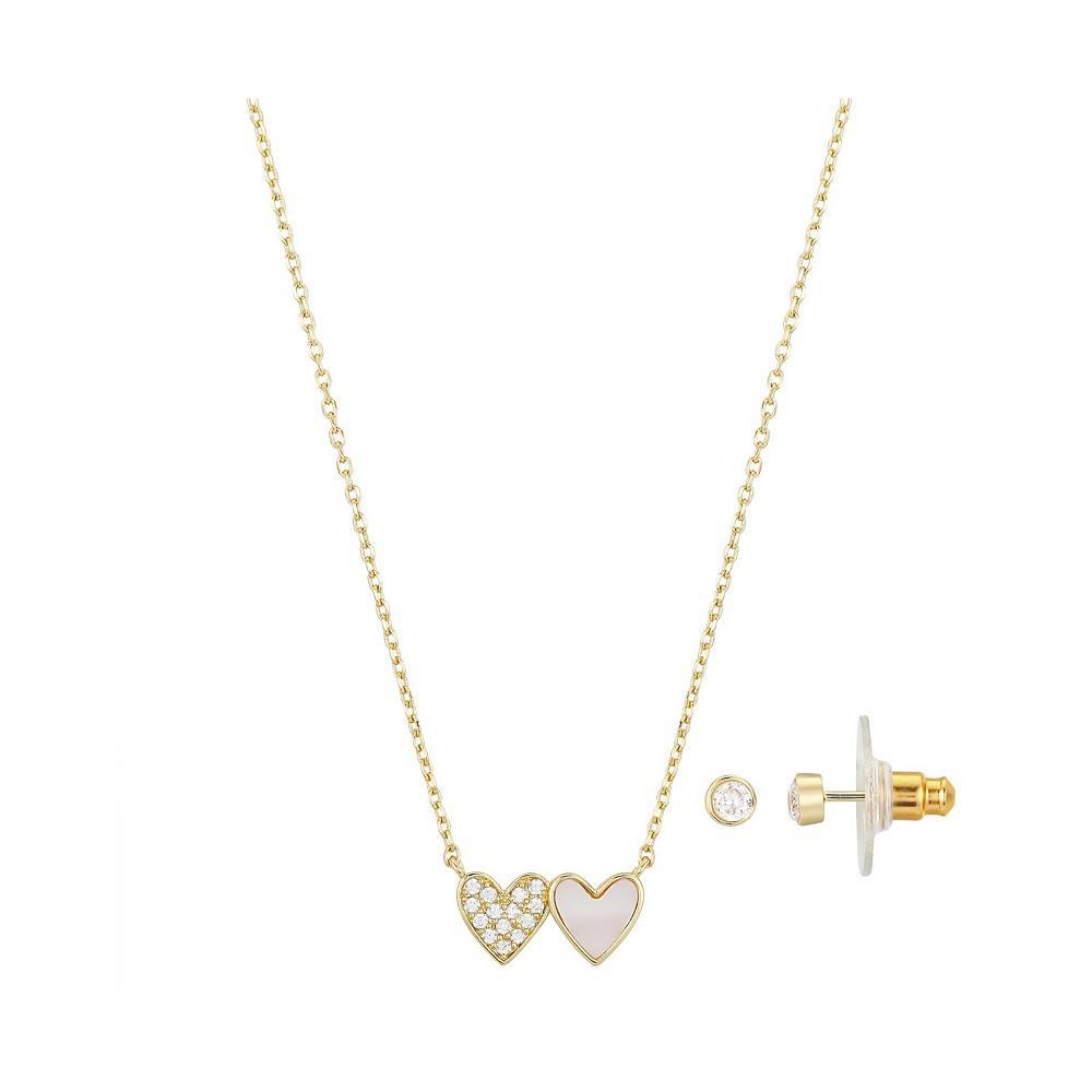 商品Unwritten|Silver Plated or Gold Flash Plated Cubic Zirconia and Genuine Mother of Pearl Double Heart Pendant Necklace and Earring Set,价格¥162,第1张图片