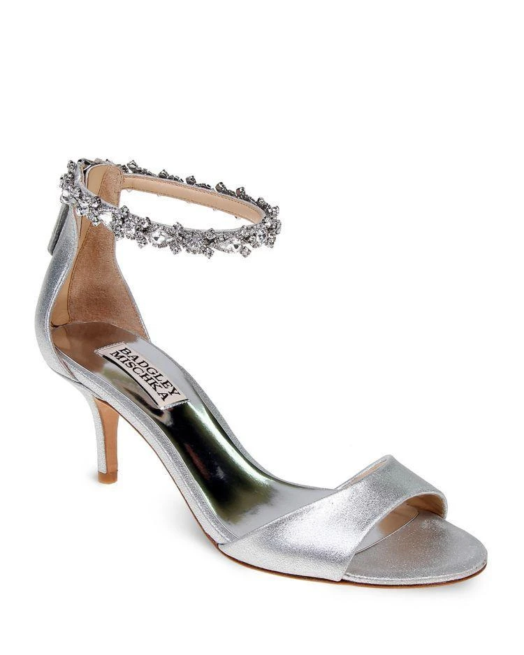 商品Badgley Mischka|Geranium Embellished Metallic Leather Ankle Strap Sandals ,价格¥870,第1张图片