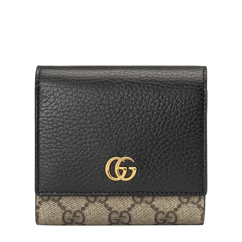 商品Gucci|GUCCI/古驰 GG Marmont系列 女士中号老花帆布黑色皮革金色双G装饰短款钱包,价格¥4060,第1张图片