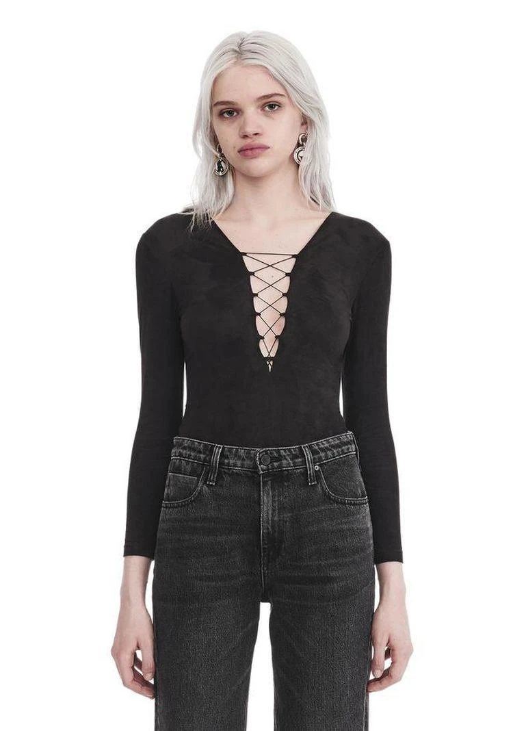 商品Alexander Wang|STRETCH FAUX SUEDE LONG SLEEVE LACE-UP BODYSUIT,价格¥1462,第3张图片详细描述