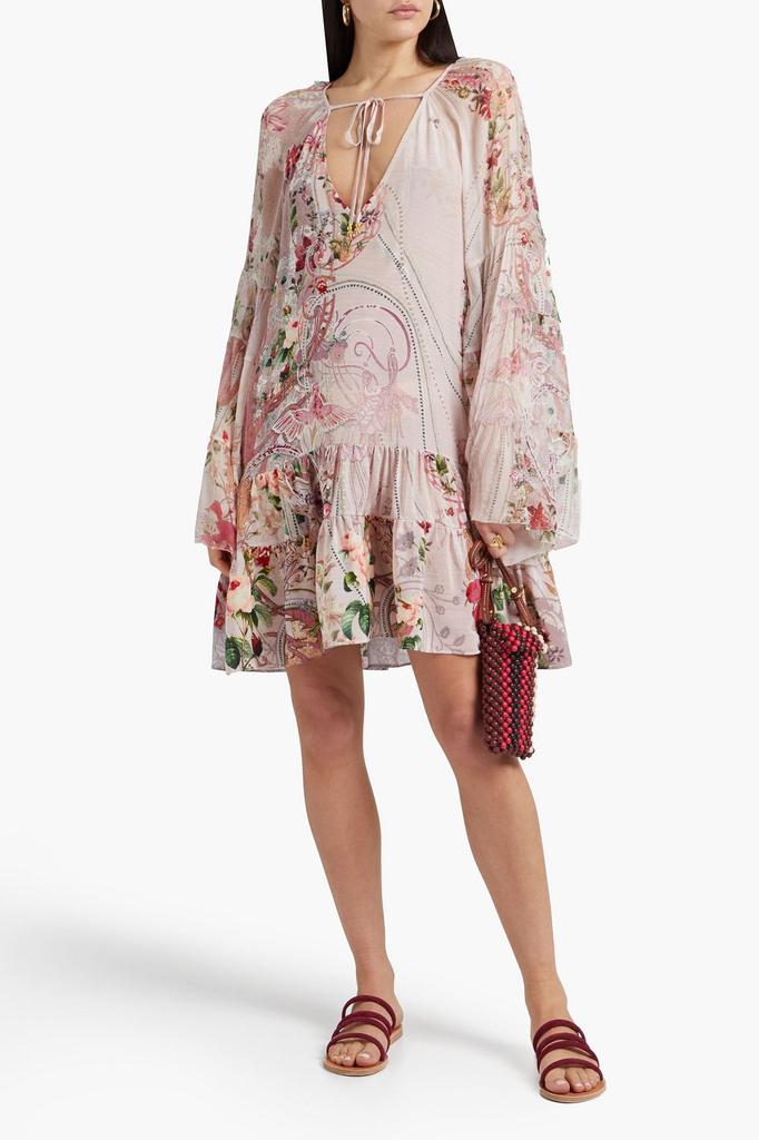 Crepon-paneled embellished printed silk crepe de chine mini dress商品第2张图片规格展示