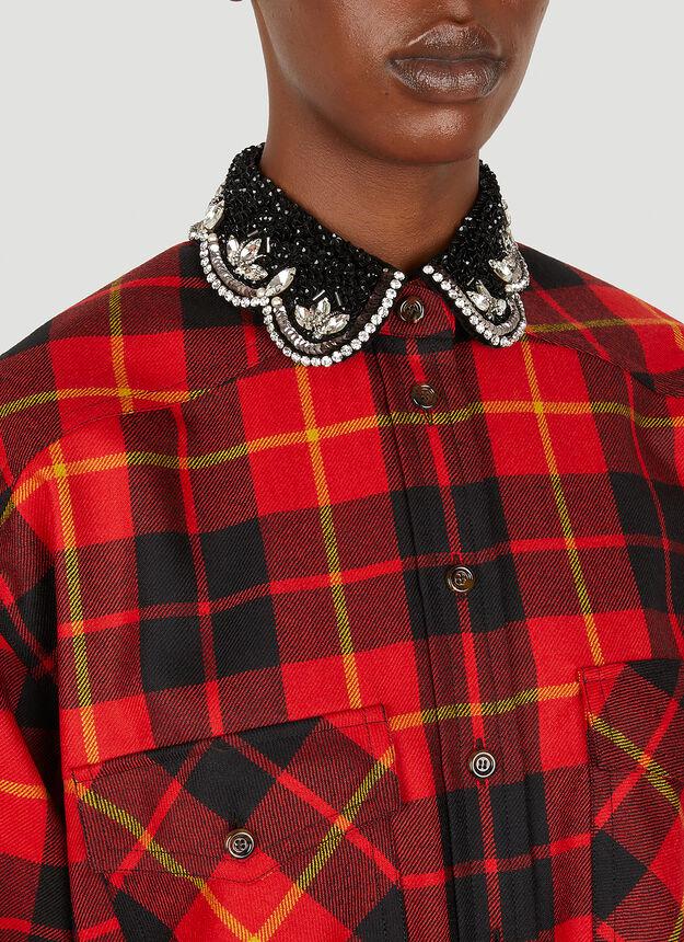 Beaded Collar Check Shirt in Red商品第5张图片规格展示