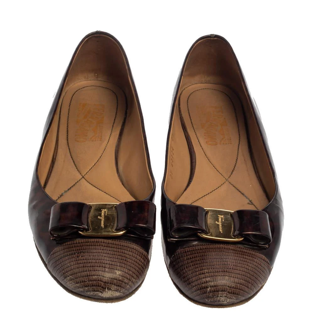 商品[二手商品] Salvatore Ferragamo| Salvatore Ferragamo Brown Lizard Embossed And Patent Leather Vara Bow Ballet Flats Size 40,价格¥813,第3张图片详细描述