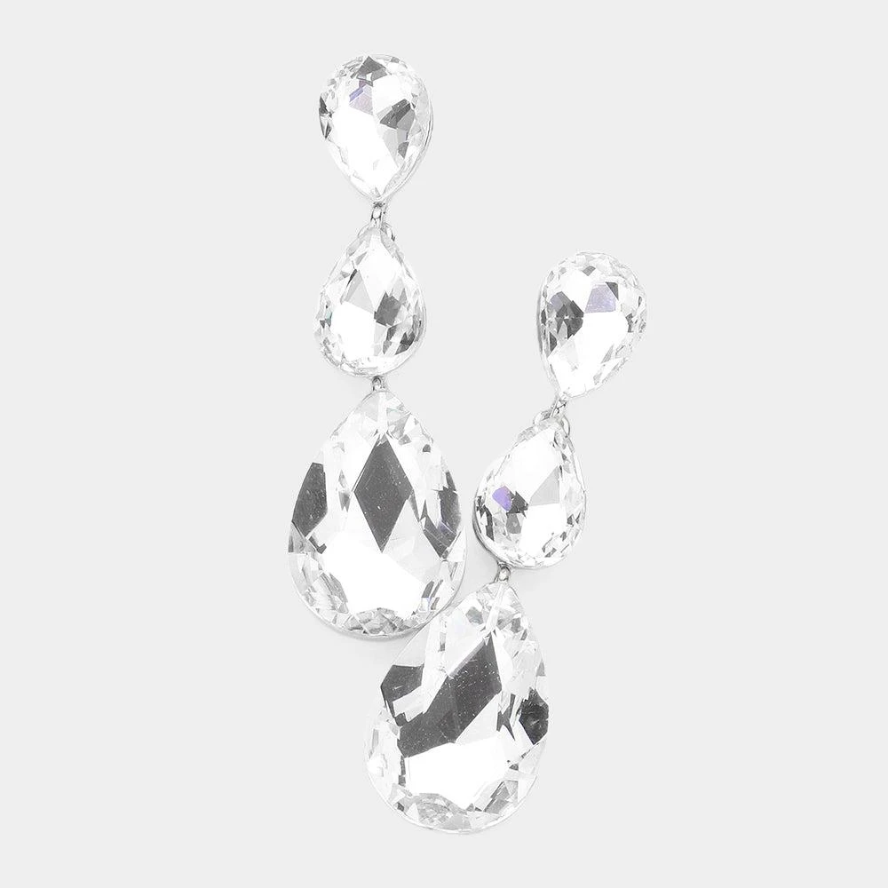 商品FASHNZFAB|Triple Glass Crystal Teardrop Evening Earrings - Silver,价格¥187,第1张图片详细描述