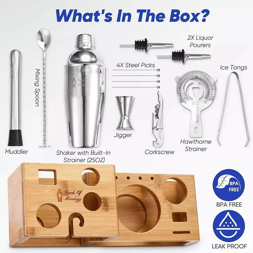 商品Touch of Mixology|Premium 14 Piece Stainless Steel Bartender Kit with Bamboo Stand,价格¥286,第5张图片详细描述