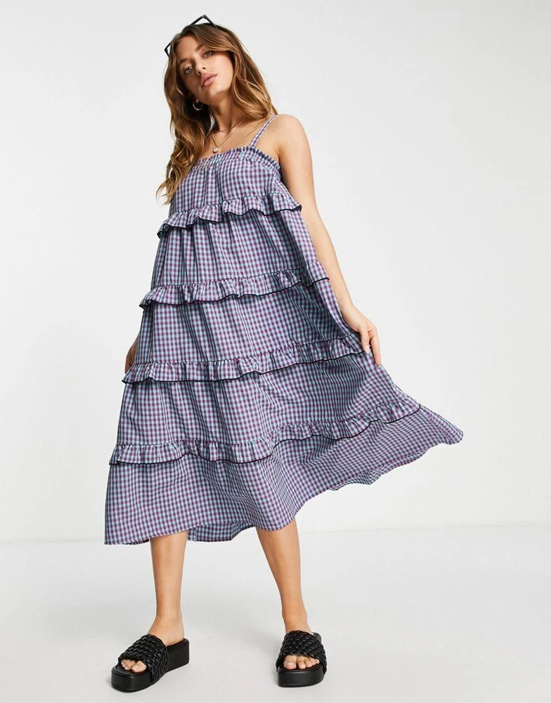 商品VERO MODA|Vero Moda strappy tiered smock mini dress in mixed check,价格¥165,第4张图片详细描述