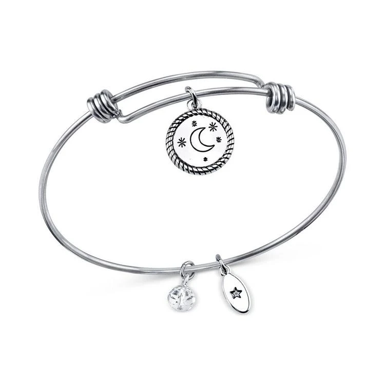 商品Unwritten|Crystal Accented Moon Charm Adjustable Bangle Bracelet in Stainless Steel,价格¥104,第2张图片详细描述