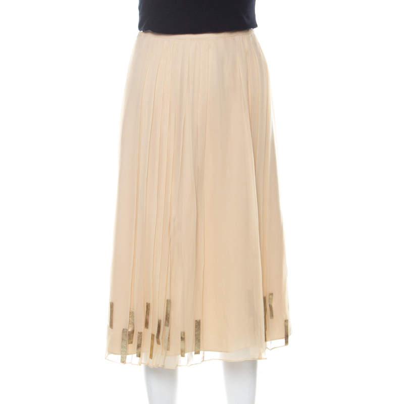 Elie Tahari Light Beige Pleated Silk and Gold Leather Trim Detail Midi Skirt L商品第1张图片规格展示