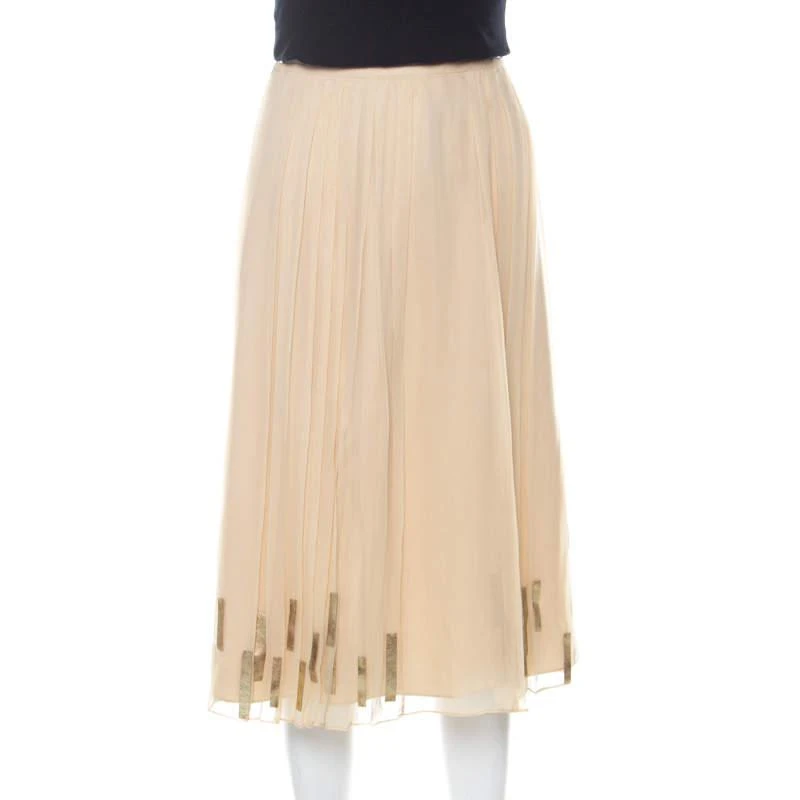 商品[二手商品] Tahari|Elie Tahari Light Beige Pleated Silk and Gold Leather Trim Detail Midi Skirt L ,价格¥822,第1张图片