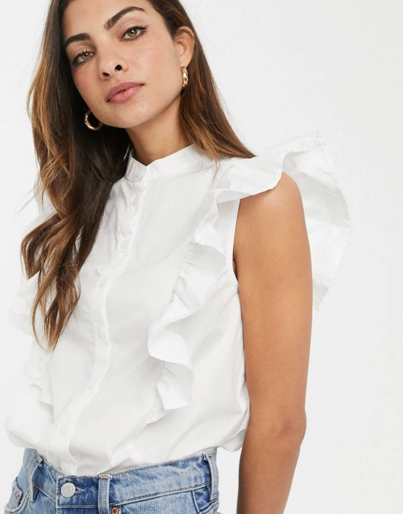 商品ASOS|ASOS DESIGN sleeveless shirt with frill detail in cotton in white,价格¥124,第3张图片详细描述