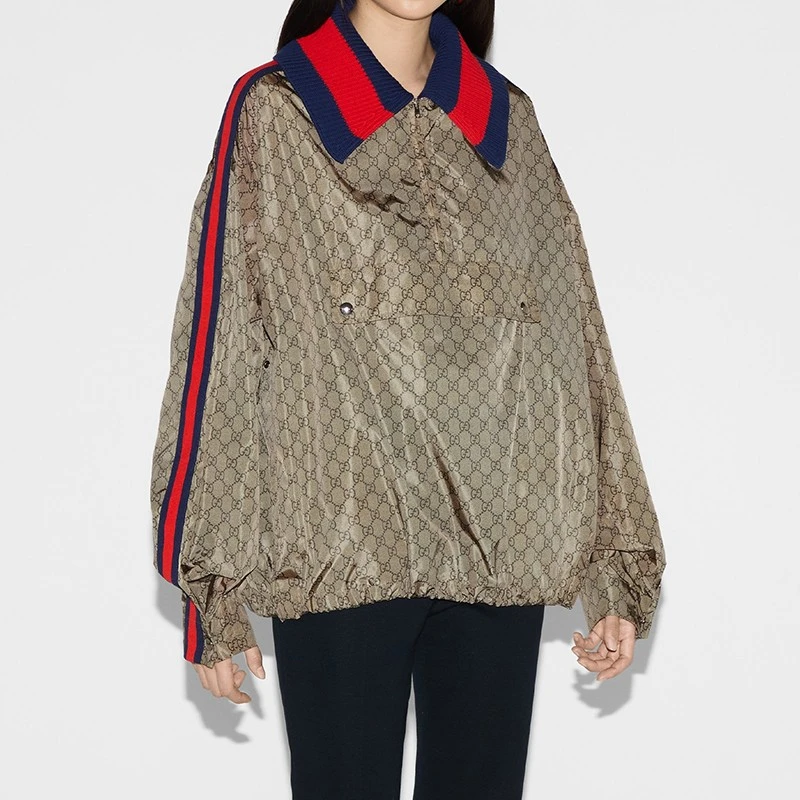 商品Gucci|【预售3-7天】GUCCI/古驰24新款 女士米褐色尼龙GG图蓝红色织带饰面夹克,价格¥20873,第5张图片详细描述