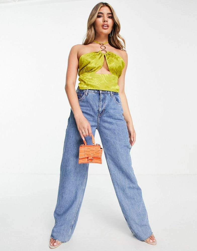 商品ASOS|ASOS DESIGN halter front scarf top with ring trim detail and split front in green,价格¥140,第4张图片详细描述