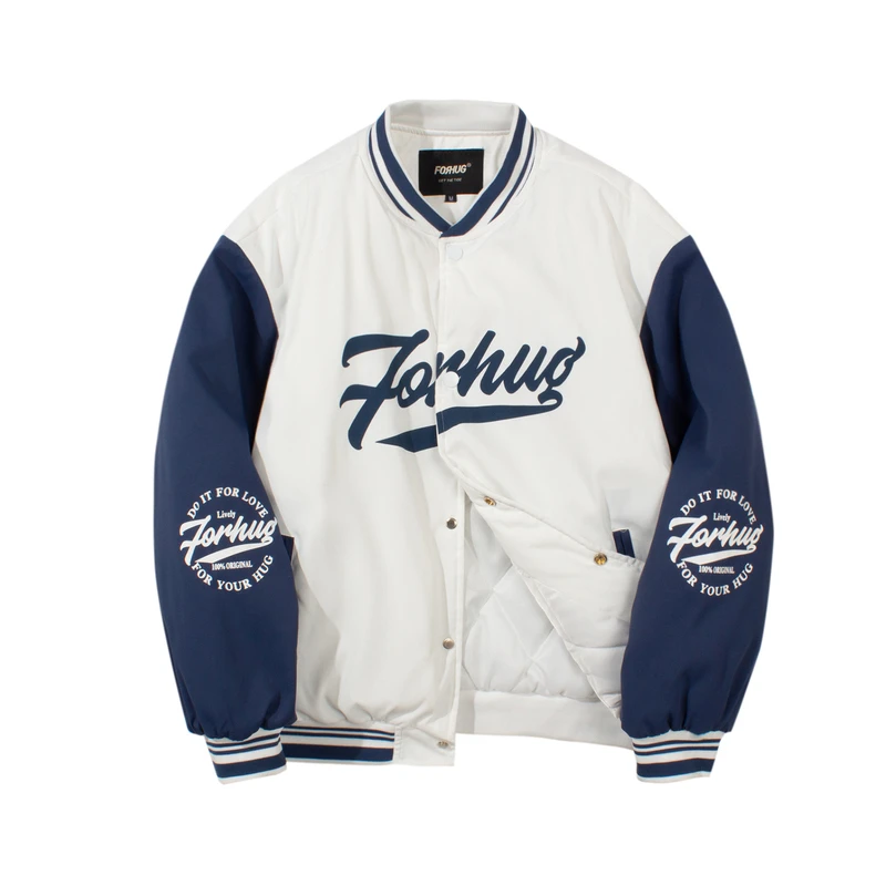 商品[国内直发] FORHUG|FORHUG 男女同款拼接字母宽松拼色运动棒球服棉服 白色 FHB21439174,价格¥242,第1张图片