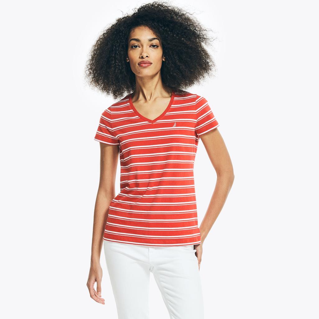 Nautica Womens Striped V-Neck T-Shirt商品第1张图片规格展示